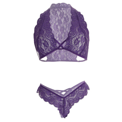 Women’s Floral Lace Halter Bralette & Strappy Panty Set – Elegant Two-Piece Lingerie Ensemble with Modern Criss-Cross Details