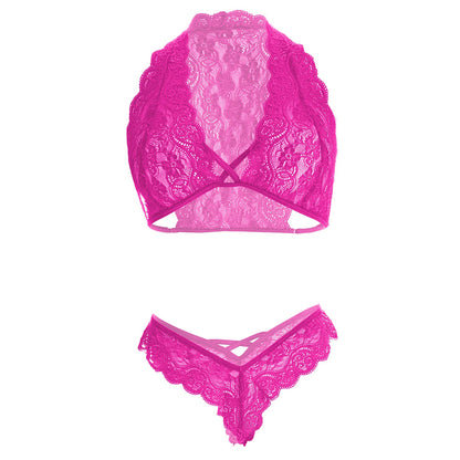 Women’s Floral Lace Halter Bralette & Strappy Panty Set – Elegant Two-Piece Lingerie Ensemble with Modern Criss-Cross Details