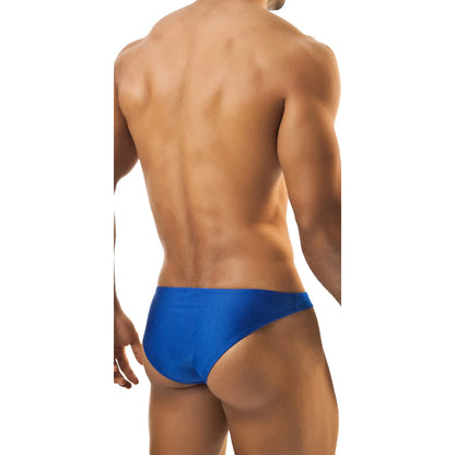 Model wearing premium men's low-rise bikini briefs in sleek black stretch fabric for a comfortable and modern fit.