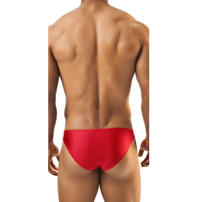 Model wearing premium men's low-rise bikini briefs in sleek black stretch fabric for a comfortable and modern fit.