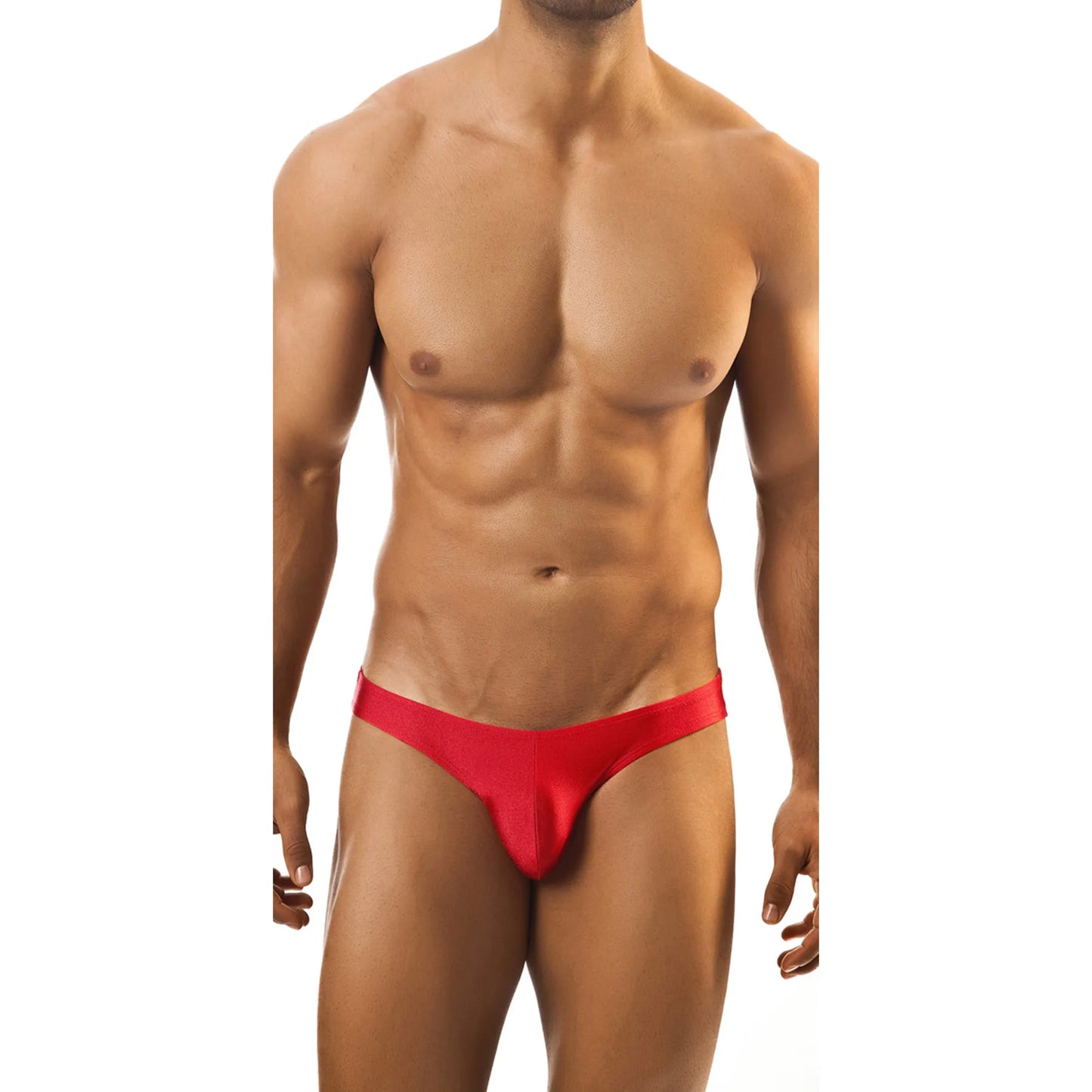 Model wearing premium men's low-rise bikini briefs in sleek black stretch fabric for a comfortable and modern fit.