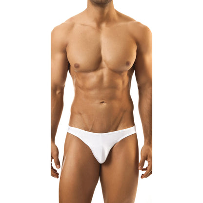 Model wearing premium men's low-rise bikini briefs in sleek black stretch fabric for a comfortable and modern fit.