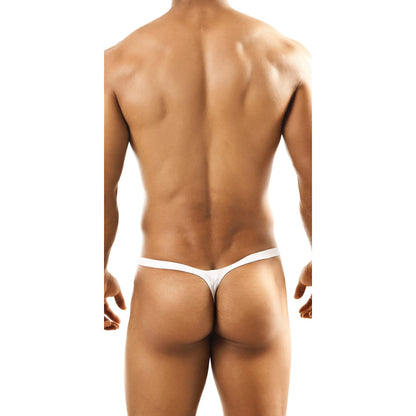  Model wearing a premium men's low-rise G-string thong in black, featuring a minimalist T-back design and a supportive contoured pouch.