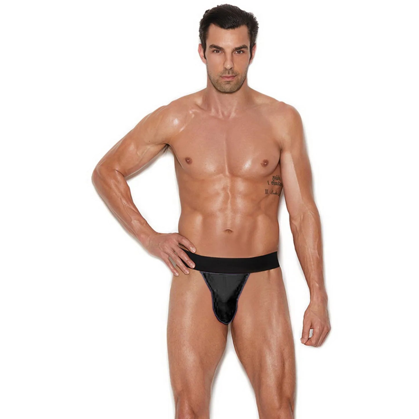  Model wearing a premium men's black athletic jockstrap featuring a wide elastic waistband and supportive front pouch for a modern fit.
