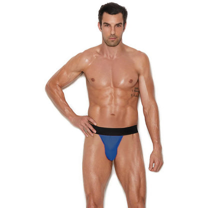  Model wearing a premium men's black athletic jockstrap featuring a wide elastic waistband and supportive front pouch for a modern fit.