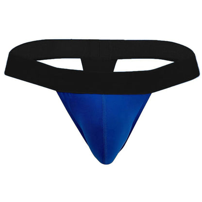  Model wearing a premium men's black athletic jockstrap featuring a wide elastic waistband and supportive front pouch for a modern fit.