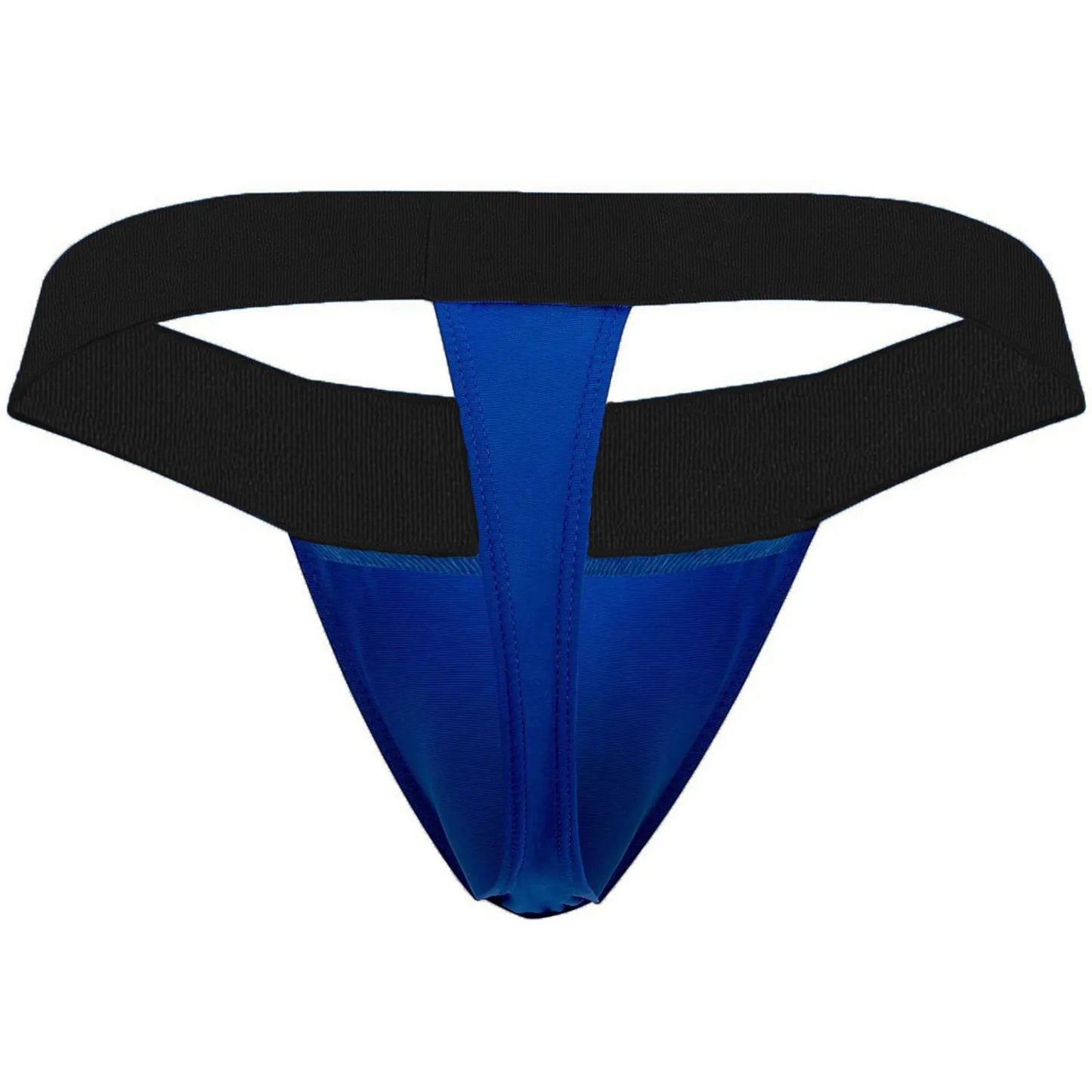  Model wearing a premium men's black athletic jockstrap featuring a wide elastic waistband and supportive front pouch for a modern fit.
