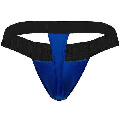  Model wearing a premium men's black athletic jockstrap featuring a wide elastic waistband and supportive front pouch for a modern fit.