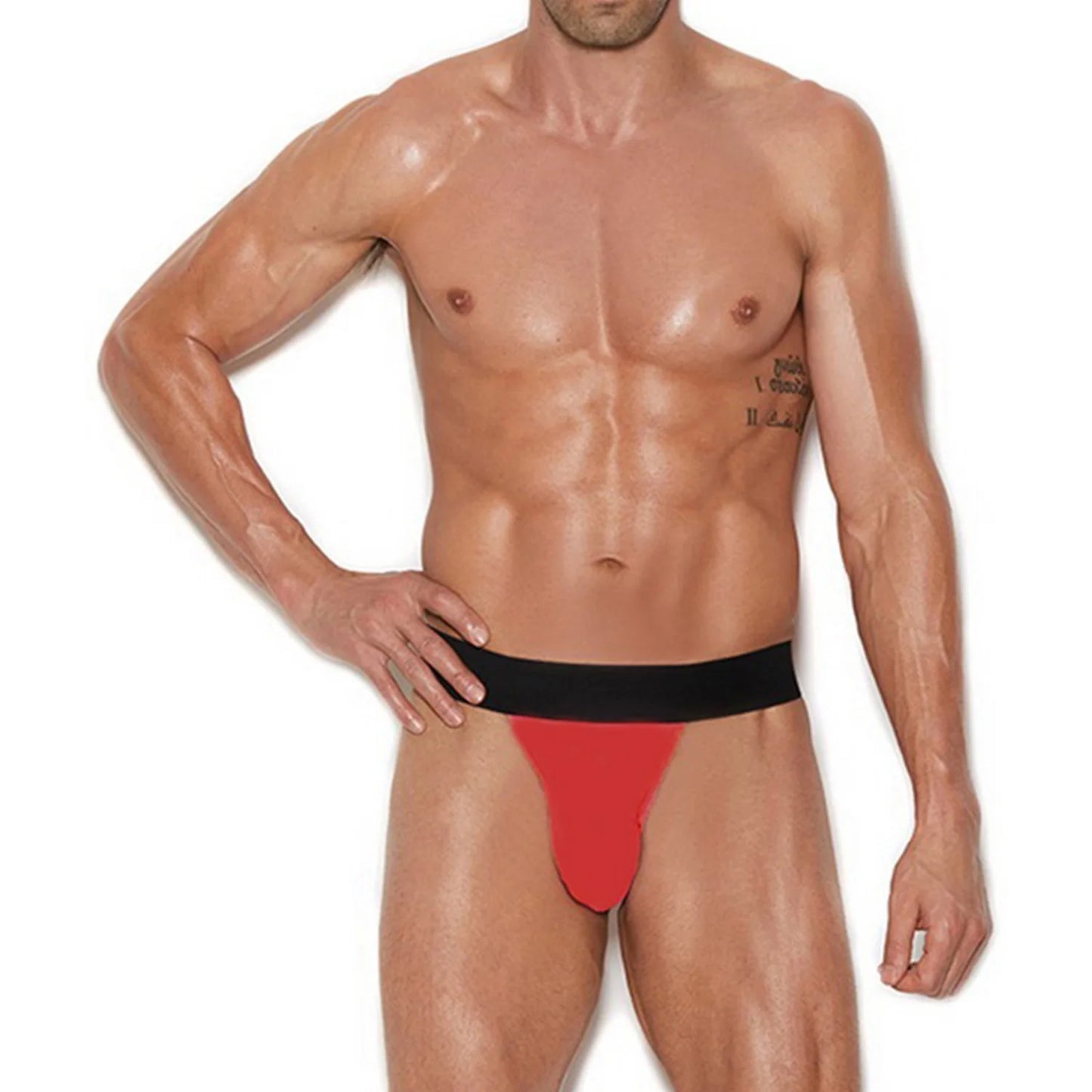  Model wearing a premium men's black athletic jockstrap featuring a wide elastic waistband and supportive front pouch for a modern fit.