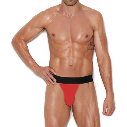  Model wearing a premium men's black athletic jockstrap featuring a wide elastic waistband and supportive front pouch for a modern fit.