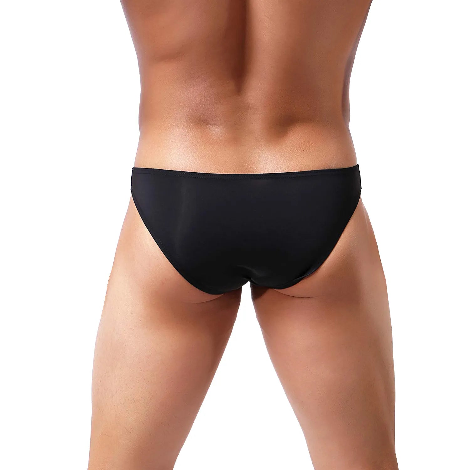Model wearing premium men's black low-rise bikini briefs featuring a unique red integrated support ring and a contoured pouch for a modern fit.