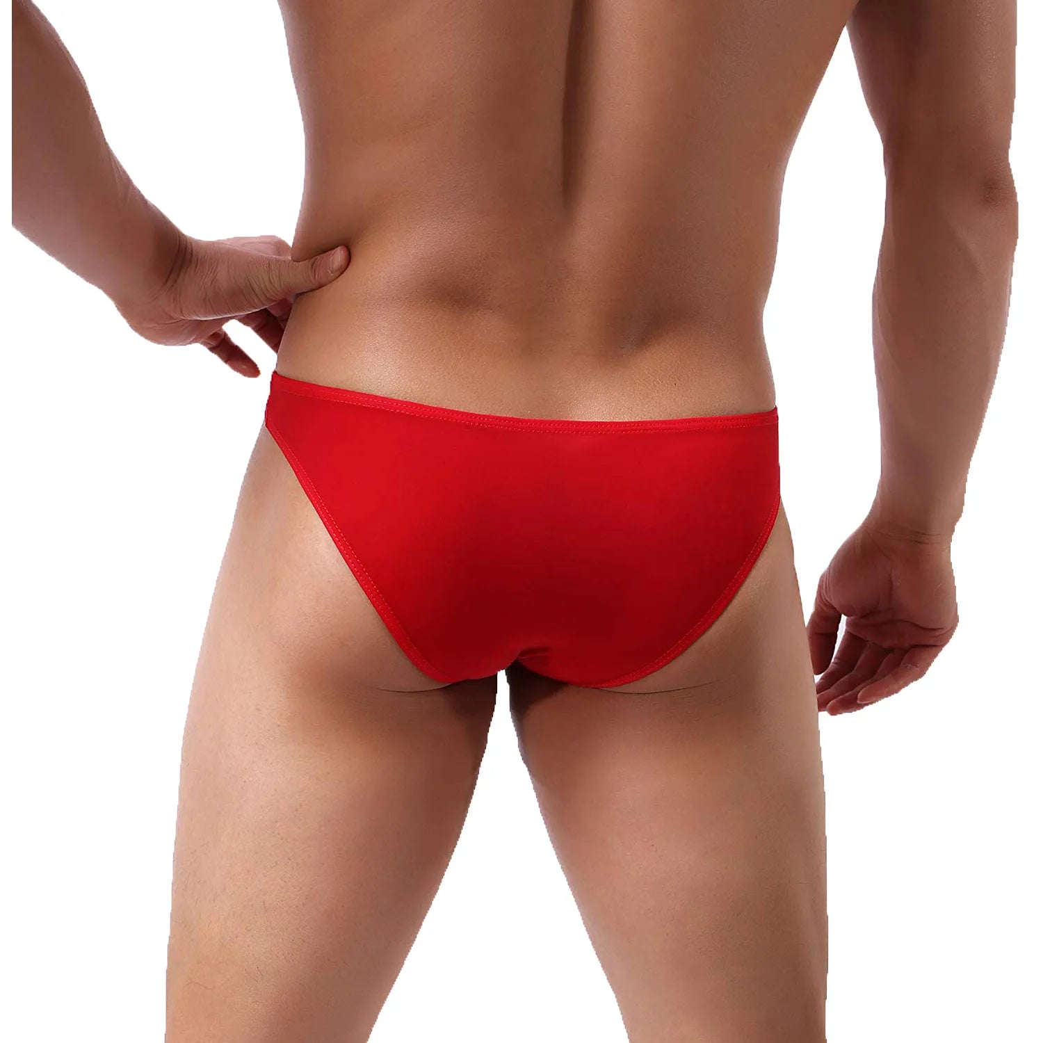 Model wearing premium men's black low-rise bikini briefs featuring a unique red integrated support ring and a contoured pouch for a modern fit.
