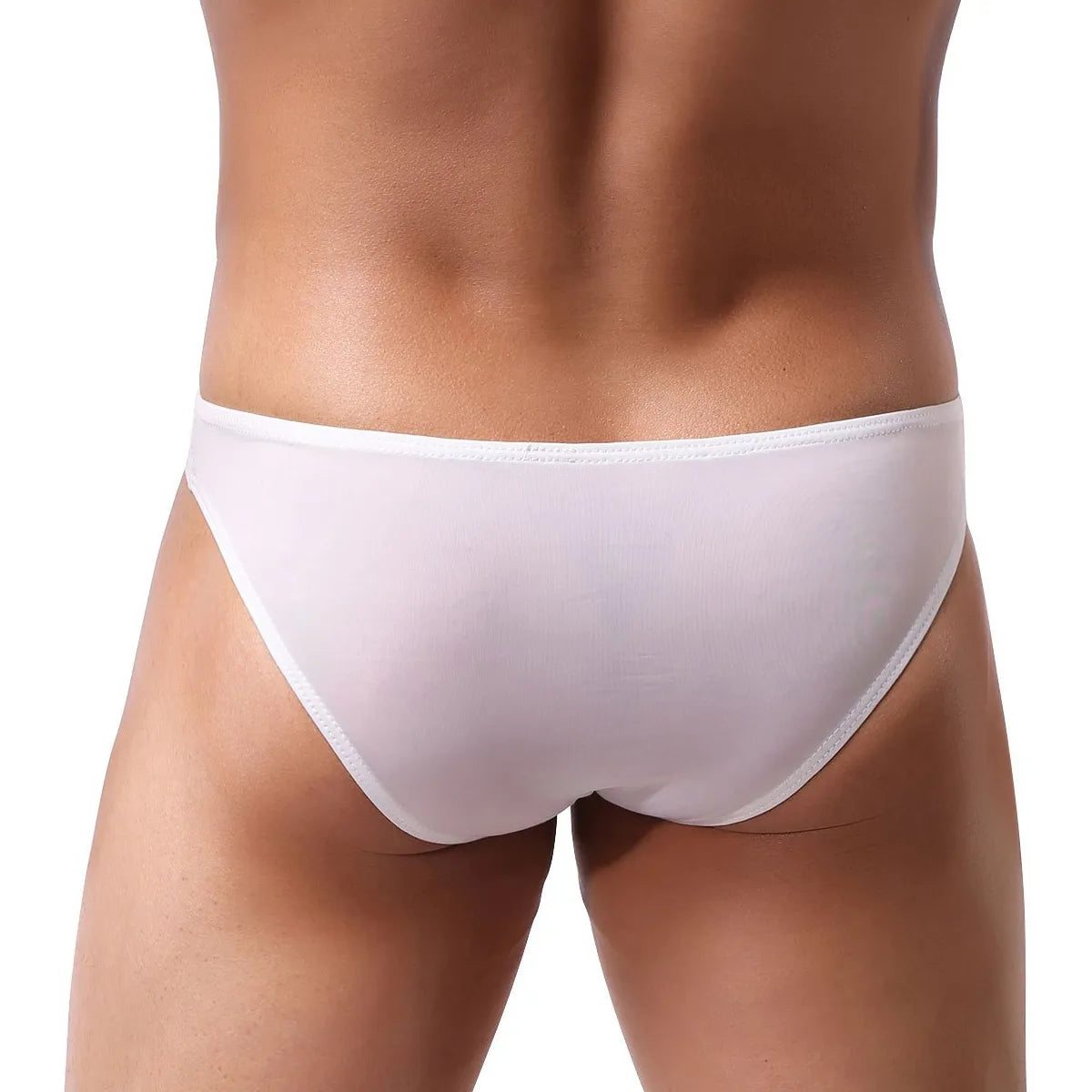 Model wearing premium men's black low-rise bikini briefs featuring a unique red integrated support ring and a contoured pouch for a modern fit.