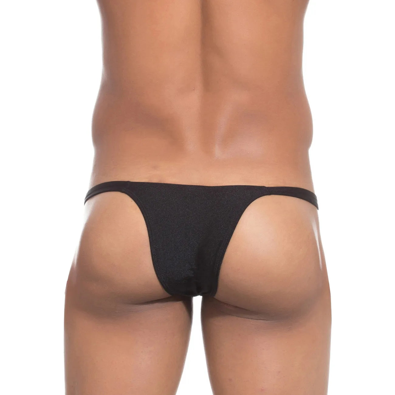  Model wearing a premium men's navy blue micro thong with a sleek low-rise waistband and supportive contoured pouch for an invisible fit under clothing.