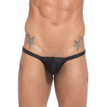  Model wearing a premium men's navy blue micro thong with a sleek low-rise waistband and supportive contoured pouch for an invisible fit under clothing.