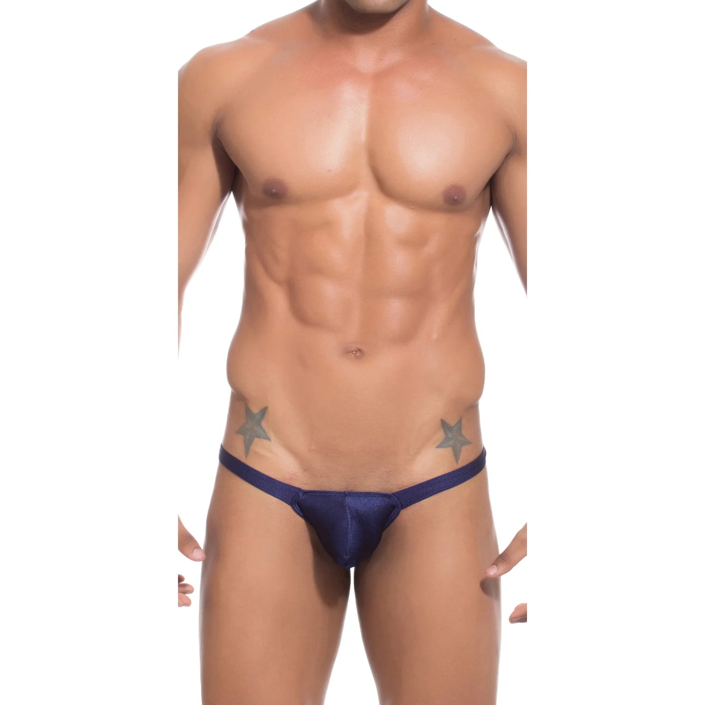  Model wearing a premium men's navy blue micro thong with a sleek low-rise waistband and supportive contoured pouch for an invisible fit under clothing.