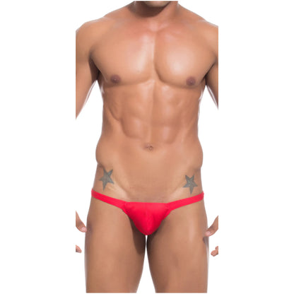  Model wearing a premium men's navy blue micro thong with a sleek low-rise waistband and supportive contoured pouch for an invisible fit under clothing.