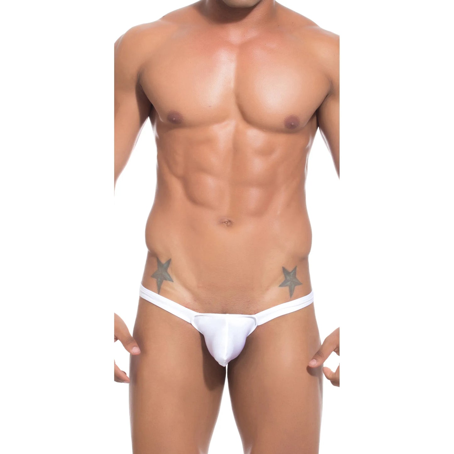  Model wearing a premium men's navy blue micro thong with a sleek low-rise waistband and supportive contoured pouch for an invisible fit under clothing.