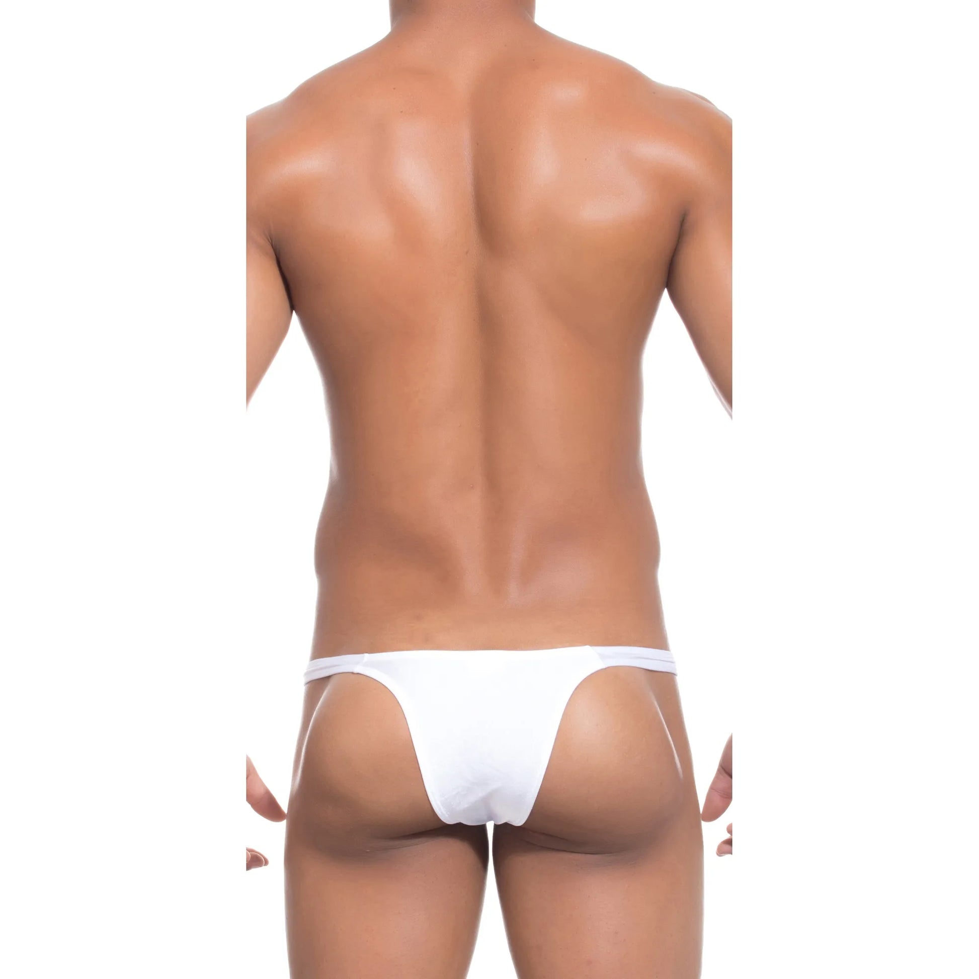  Model wearing a premium men's navy blue micro thong with a sleek low-rise waistband and supportive contoured pouch for an invisible fit under clothing.