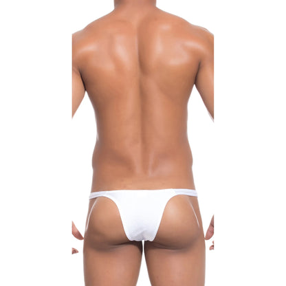  Model wearing a premium men's navy blue micro thong with a sleek low-rise waistband and supportive contoured pouch for an invisible fit under clothing.