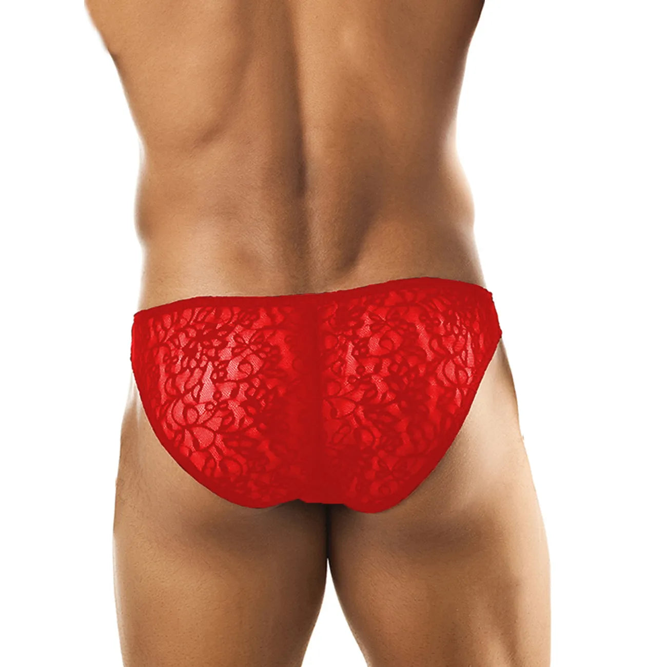 Model wearing premium men's black lace bikini briefs featuring a sheer floral pattern and a supportive contoured pouch for a modern fit.