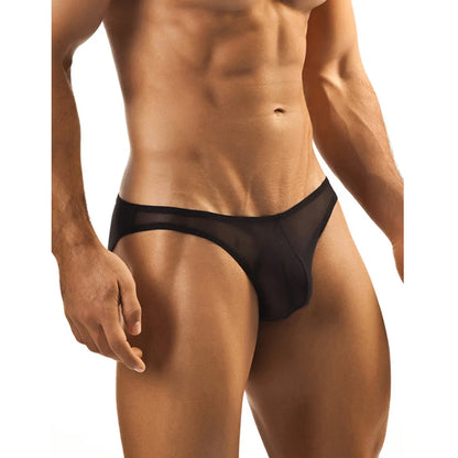  Model wearing premium men's onyx black low-rise bikini briefs in a sheer mesh stretch fabric with a supportive contoured pouch.