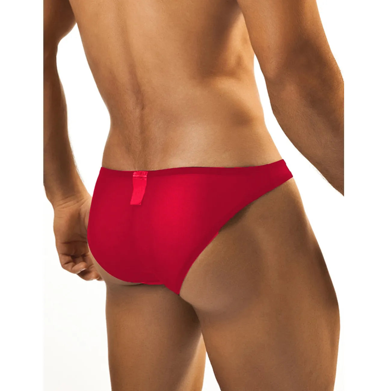  Model wearing premium men's onyx black low-rise bikini briefs in a sheer mesh stretch fabric with a supportive contoured pouch.