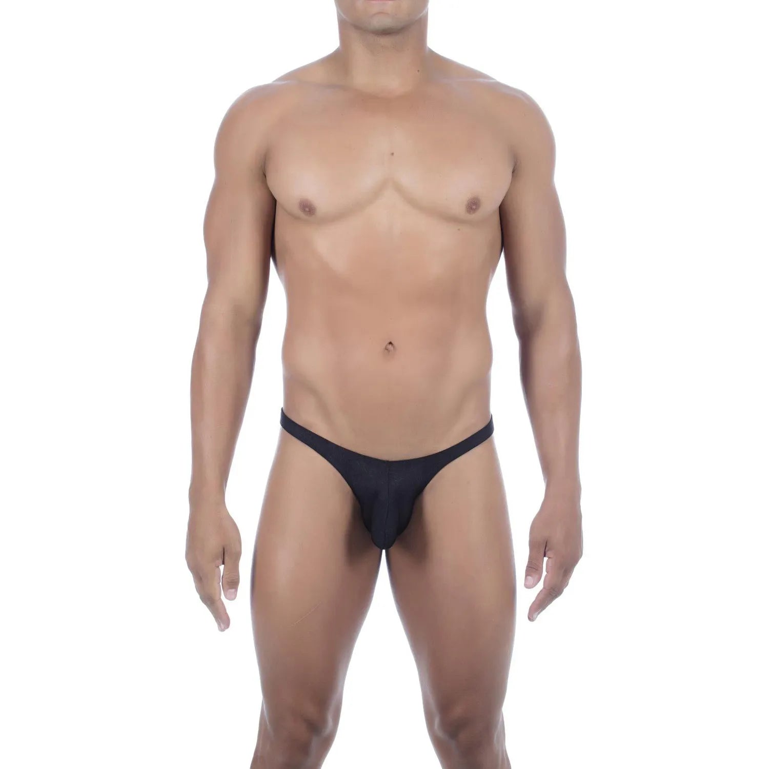  Model wearing premium men's onyx black micro thong with a sleek low-rise waistband and supportive contoured pouch for a seamless fit.