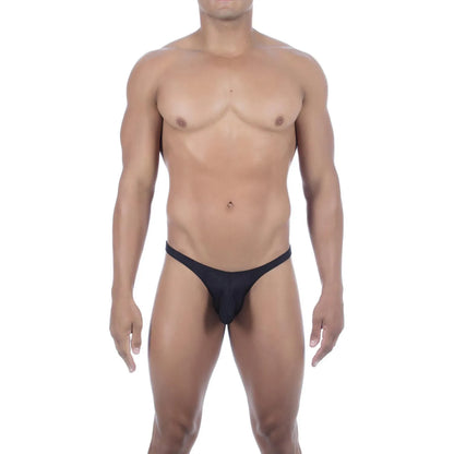  Model wearing premium men's onyx black micro thong with a sleek low-rise waistband and supportive contoured pouch for a seamless fit.