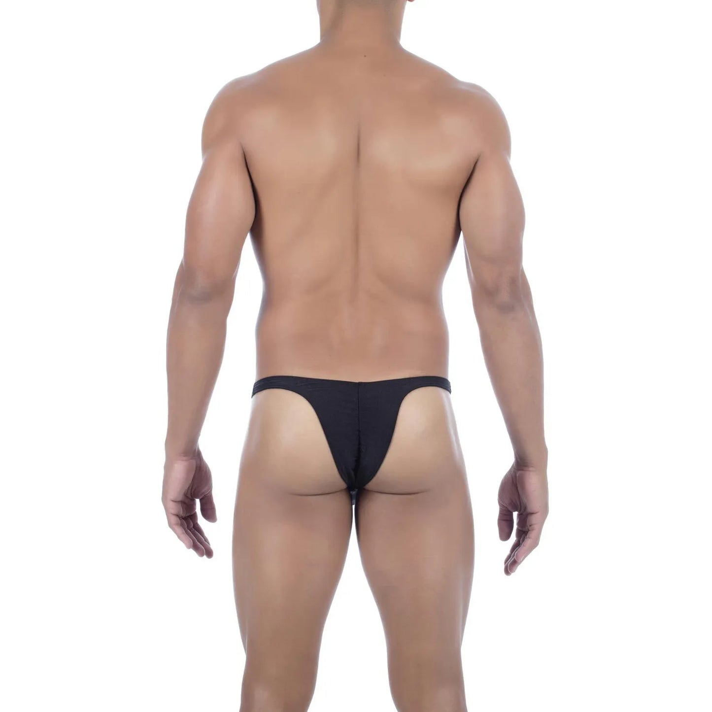  Model wearing premium men's onyx black micro thong with a sleek low-rise waistband and supportive contoured pouch for a seamless fit.