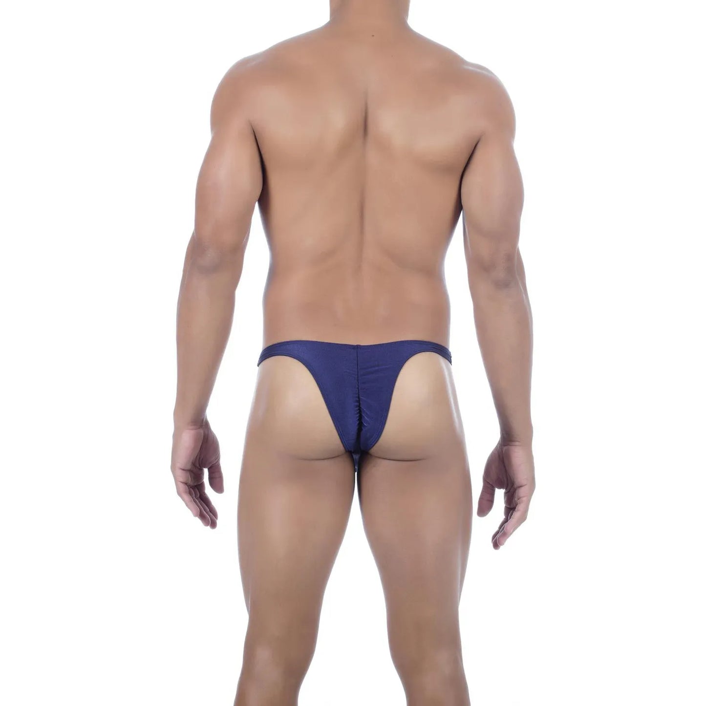  Model wearing premium men's onyx black micro thong with a sleek low-rise waistband and supportive contoured pouch for a seamless fit.