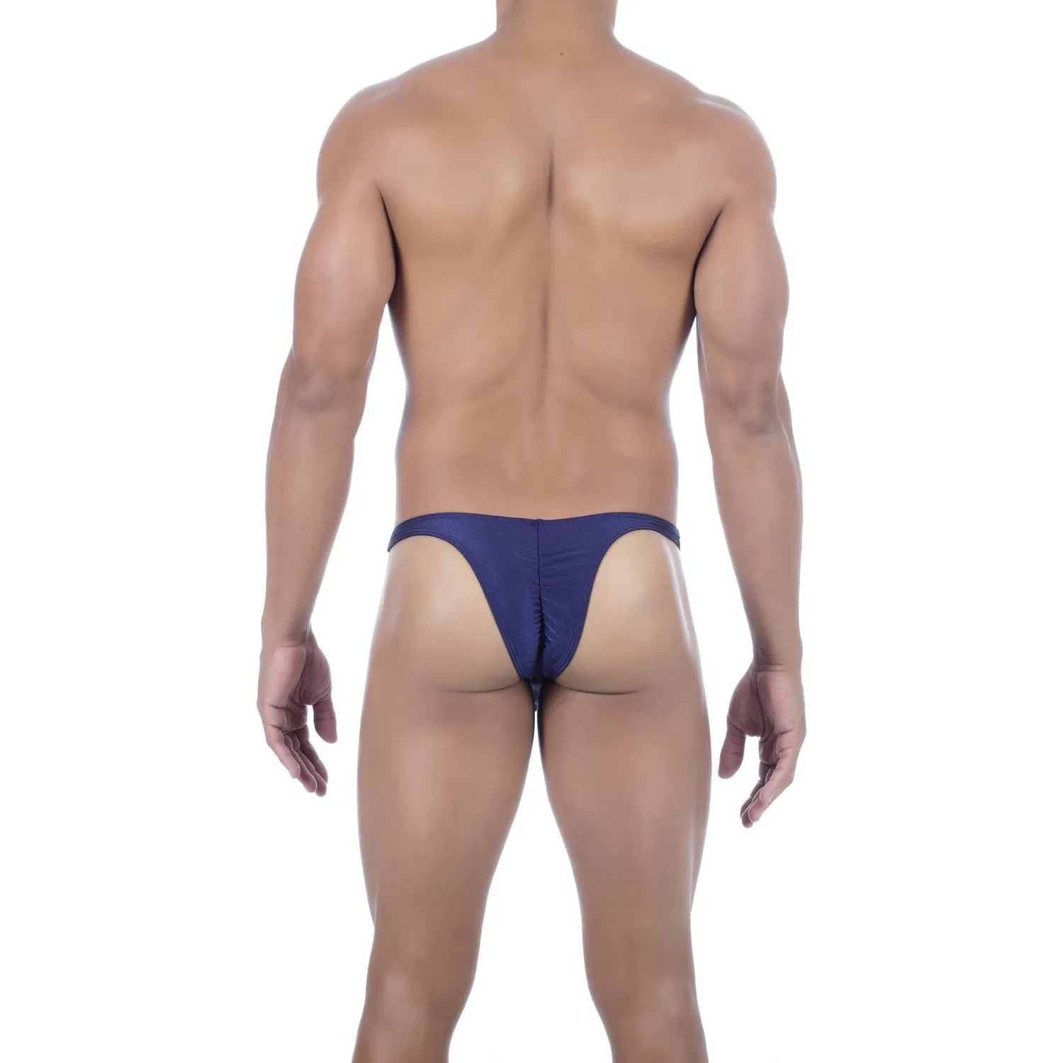  Model wearing premium men's onyx black micro thong with a sleek low-rise waistband and supportive contoured pouch for a seamless fit.