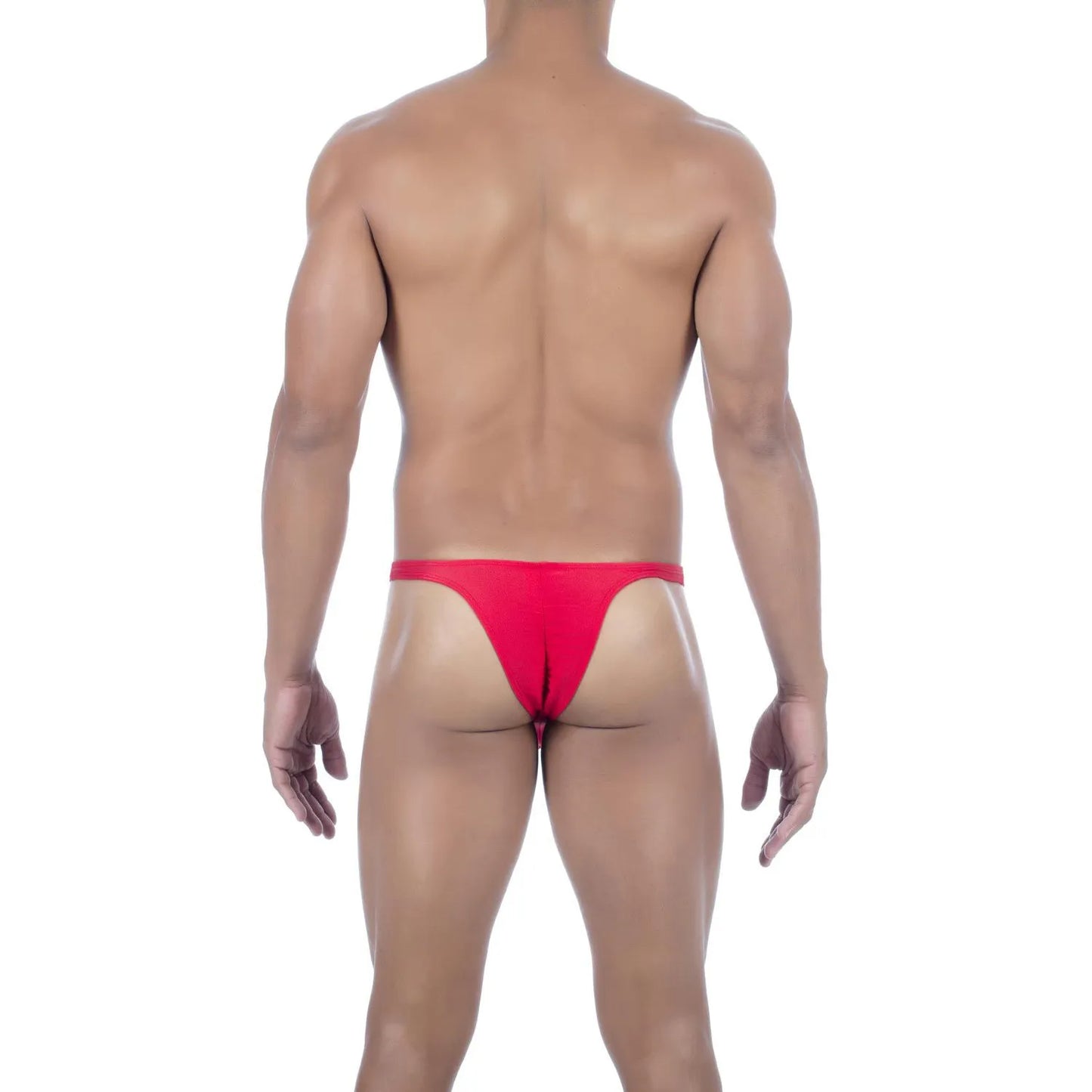  Model wearing premium men's onyx black micro thong with a sleek low-rise waistband and supportive contoured pouch for a seamless fit.