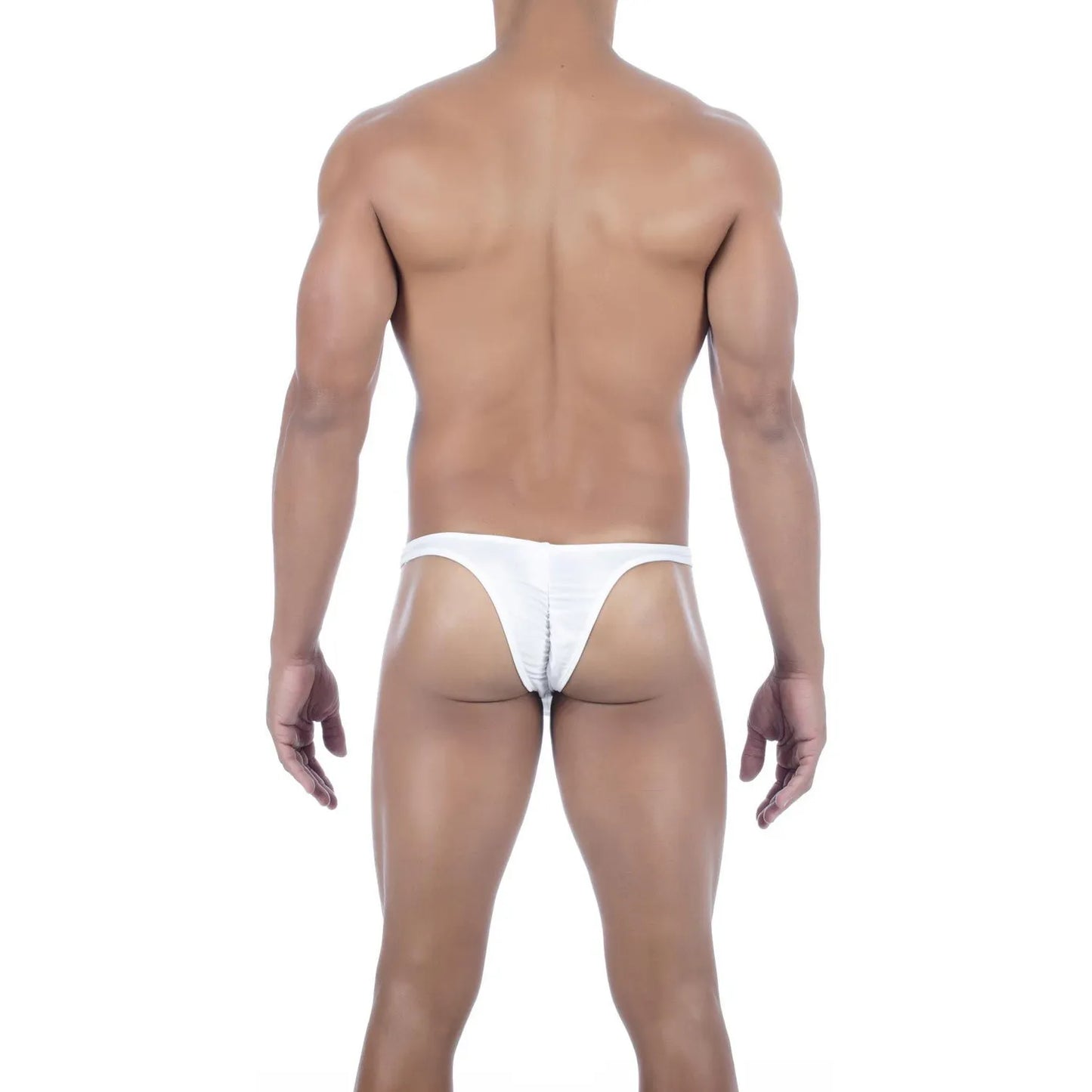  Model wearing premium men's onyx black micro thong with a sleek low-rise waistband and supportive contoured pouch for a seamless fit.