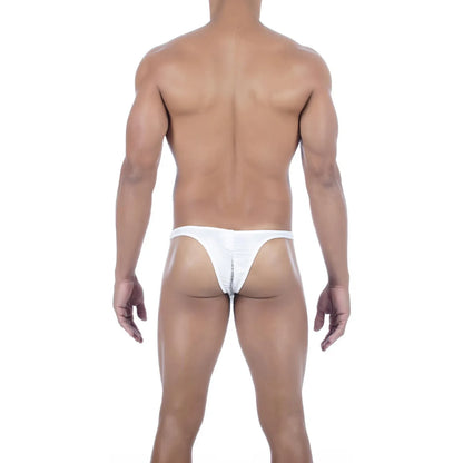  Model wearing premium men's onyx black micro thong with a sleek low-rise waistband and supportive contoured pouch for a seamless fit.