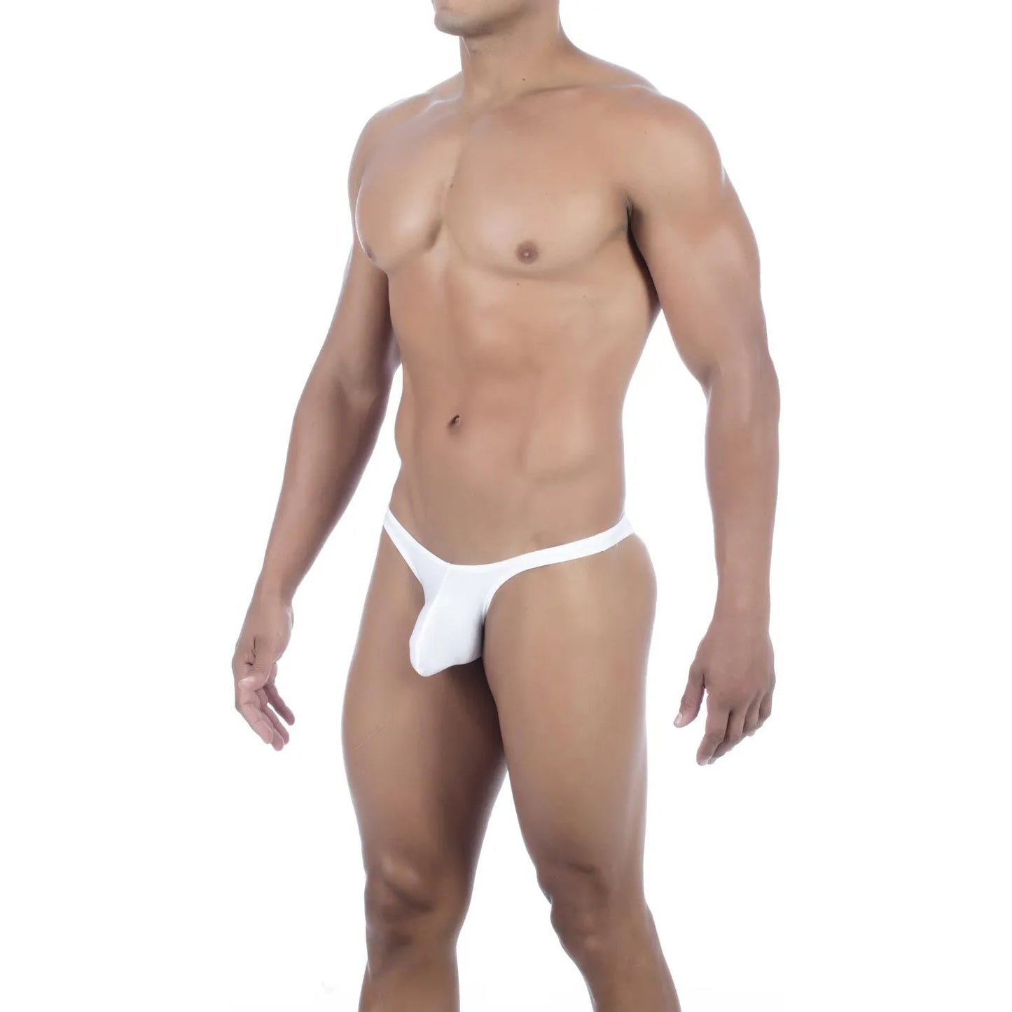  Model wearing premium men's onyx black micro thong with a sleek low-rise waistband and supportive contoured pouch for a seamless fit.