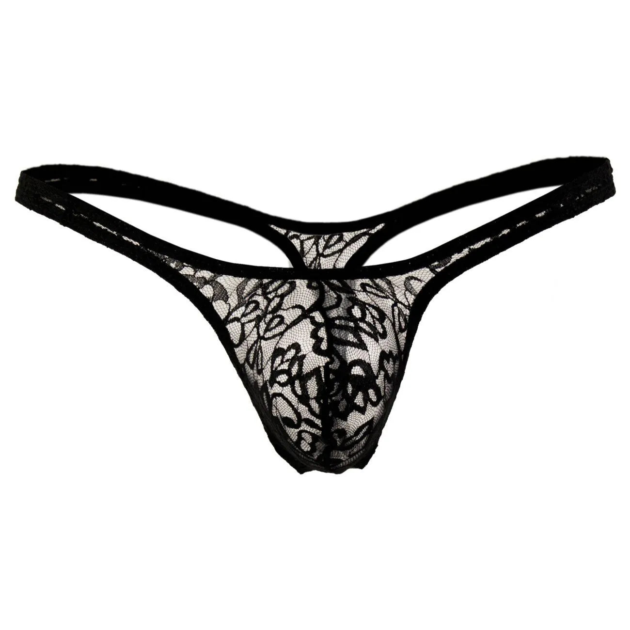Premium men's floral lace bikini briefs featuring a low-rise waistband and a supportive contoured pouch with intricate embroidery for a seamless fit under clothing.