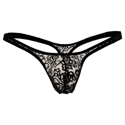 Premium men's floral lace bikini briefs featuring a low-rise waistband and a supportive contoured pouch with intricate embroidery for a seamless fit under clothing.