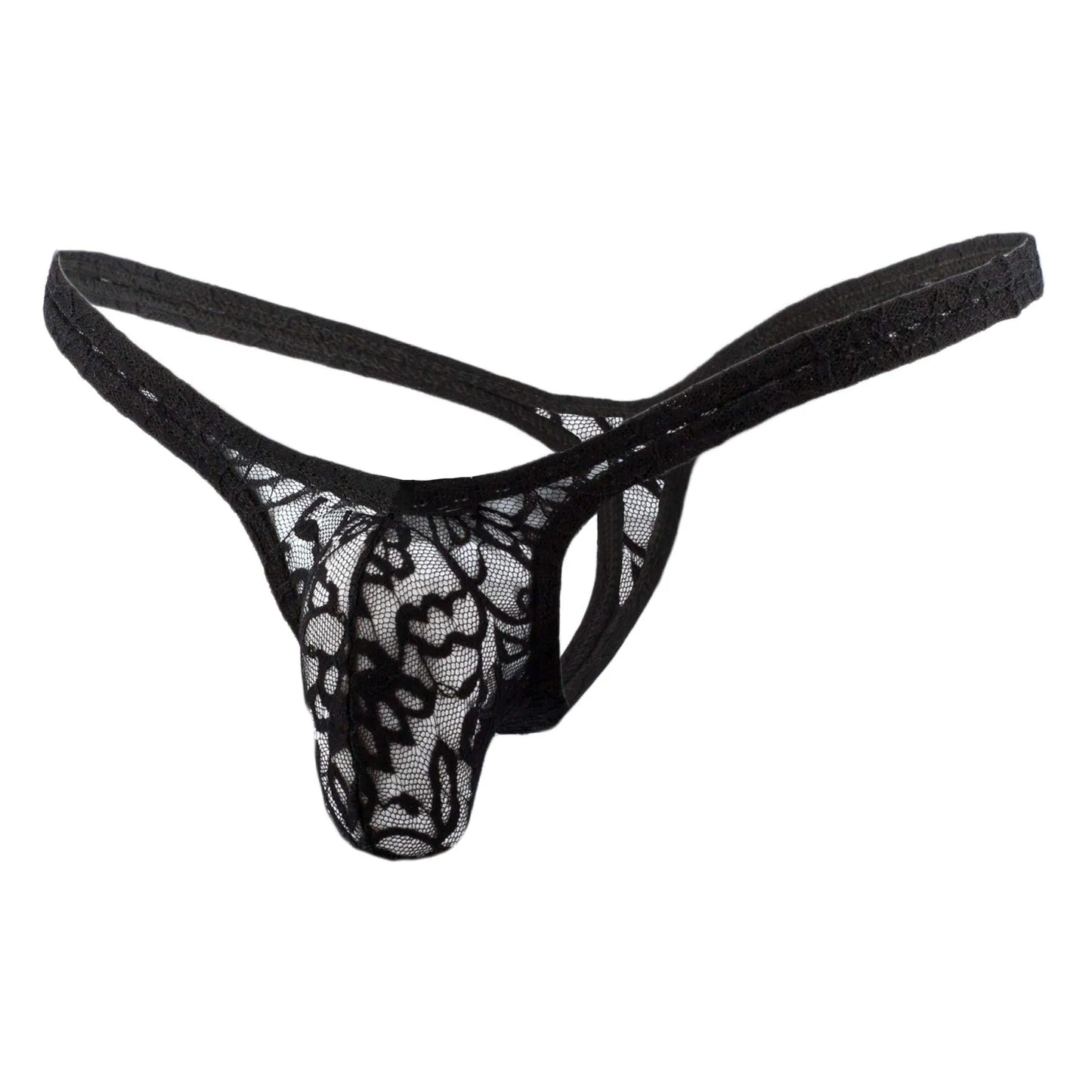 Premium men's floral lace bikini briefs featuring a low-rise waistband and a supportive contoured pouch with intricate embroidery for a seamless fit under clothing.