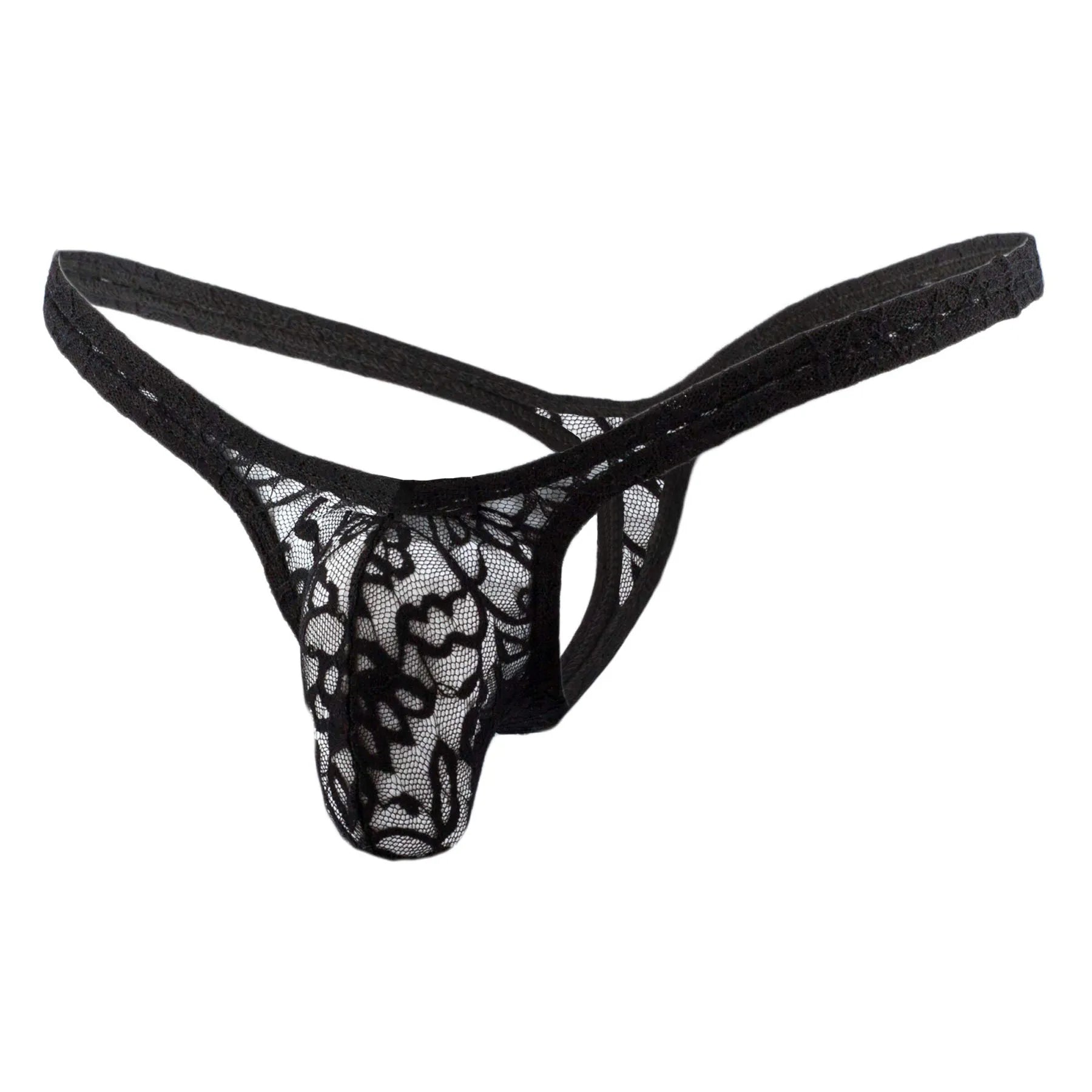 Premium men's floral lace bikini briefs featuring a low-rise waistband and a supportive contoured pouch with intricate embroidery for a seamless fit under clothing.