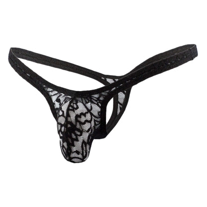 Premium men's floral lace bikini briefs featuring a low-rise waistband and a supportive contoured pouch with intricate embroidery for a seamless fit under clothing.