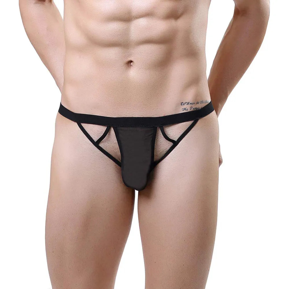 Model wearing premium men's cut-out thong featuring a low-rise waistband and a supportive contoured pouch in a breathable sheer mesh fabric.