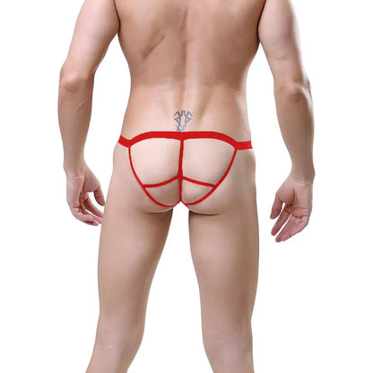 Model wearing premium men's cut-out thong featuring a low-rise waistband and a supportive contoured pouch in a breathable sheer mesh fabric.