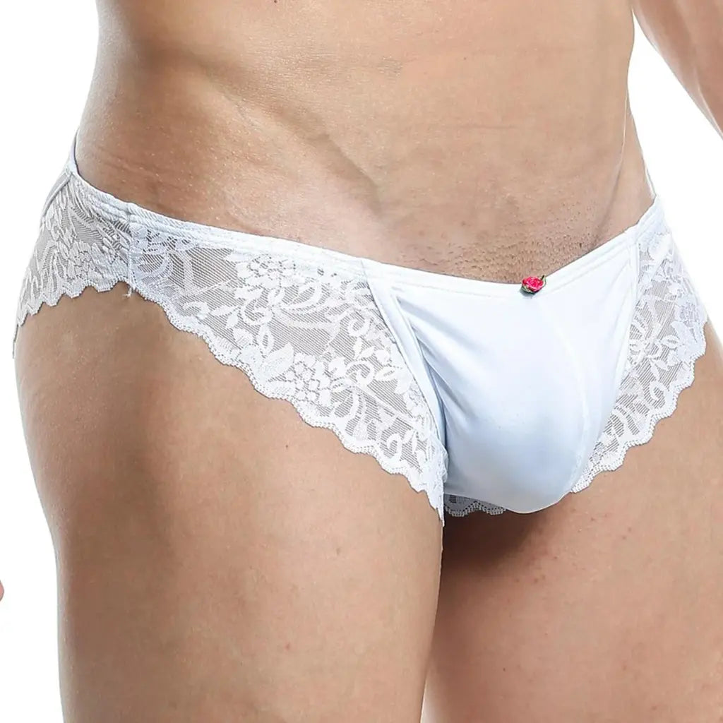 Men’s White Lace Bikini Brief – Soft Stretch Designer Lingerie