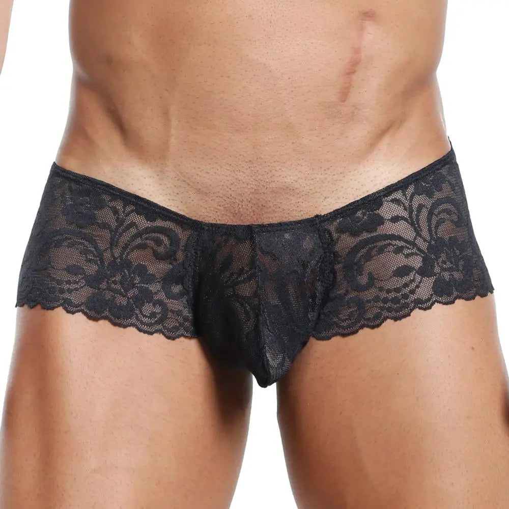 Men’s Black Floral Lace Boxer Brief – Sheer Stretch Designer Underwear