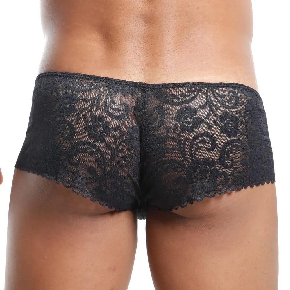 Men’s Black Floral Lace Boxer Brief – Sheer Stretch Designer Underwear