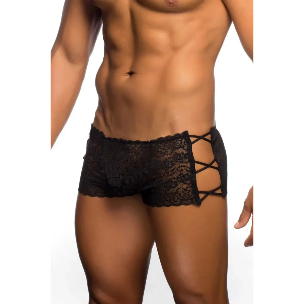 Men’s Black Lace Boxer Brief – Criss Cross Side Designer Underwear