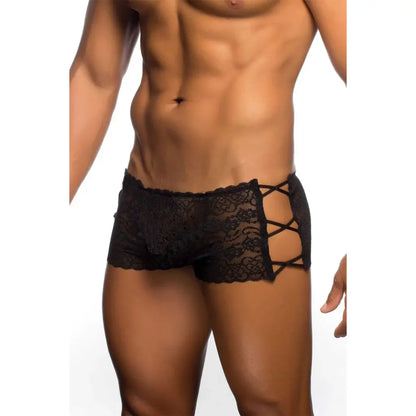 Men’s Black Lace Boxer Brief – Criss Cross Side Designer Underwear