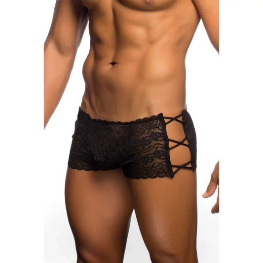 Men’s Black Lace Boxer Brief – Criss Cross Side Designer Underwear