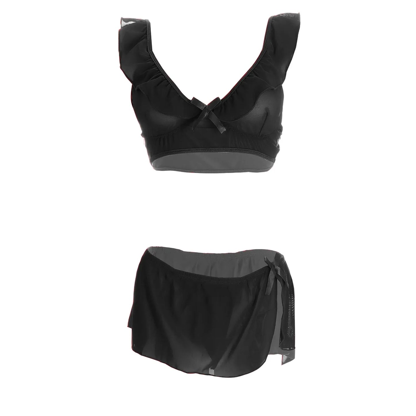 Women’s Sheer Ruffled Mesh Bralette & Front-Tie Panty Set – Elegant Two-Piece Lingerie Ensemble with Decorative Ribbon Bows